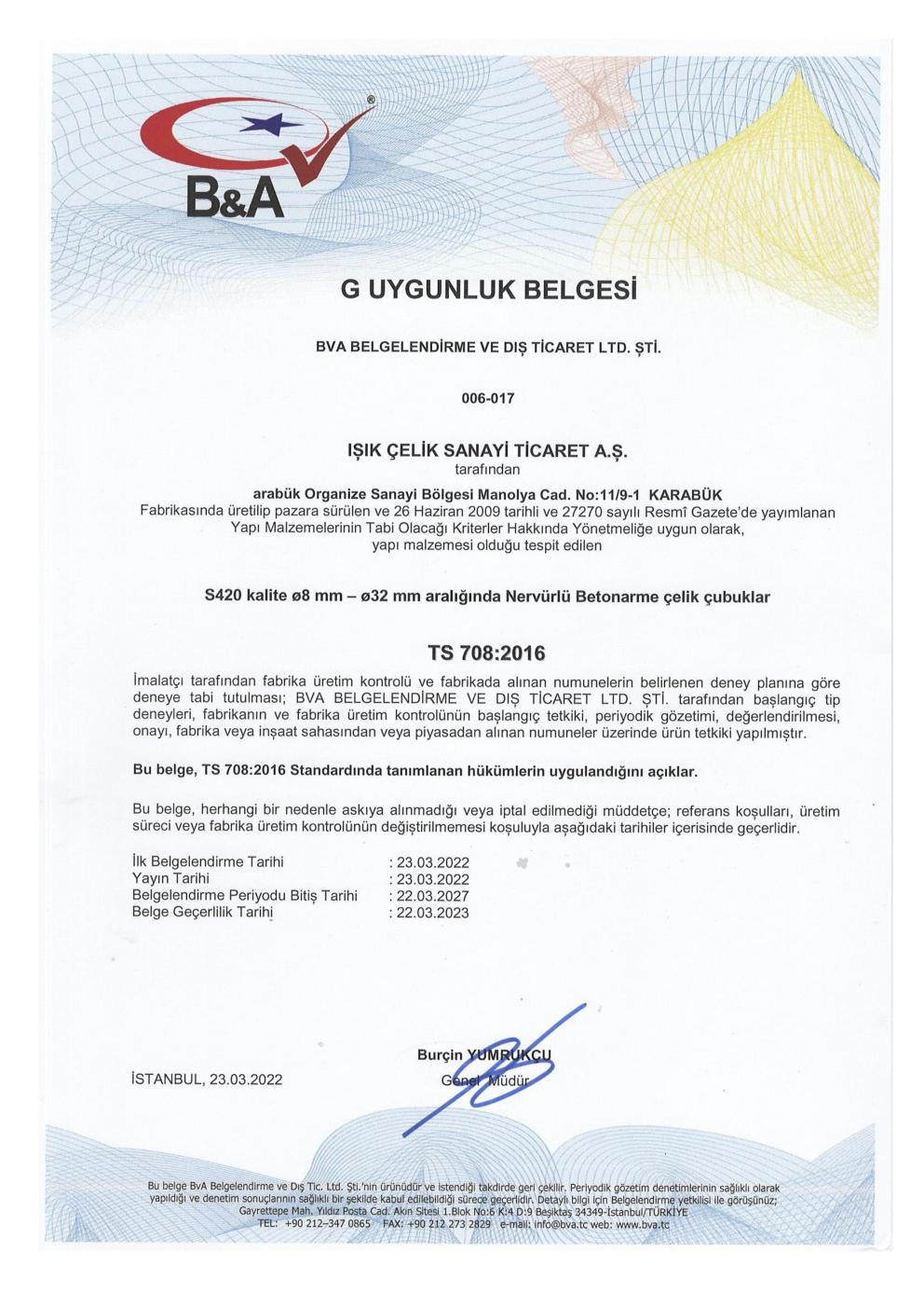 TS 708 — Certificate of Conformity